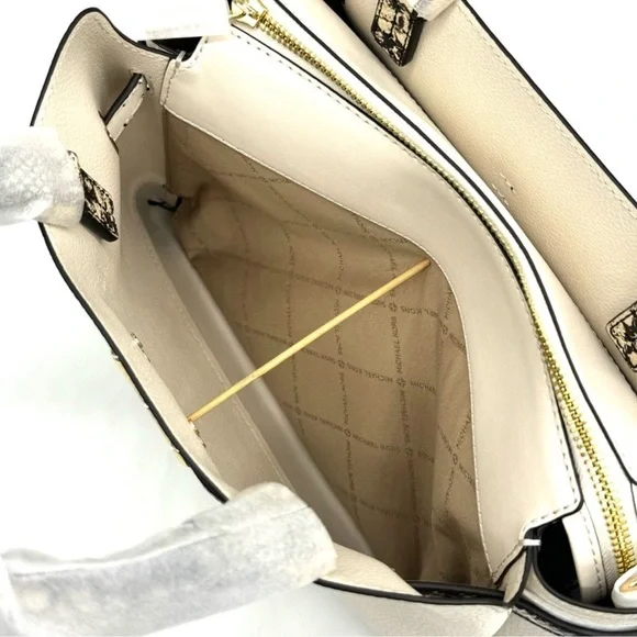 Michael Kors Large Reed Leather Belted Satchel Crossbody Bag Cream Snakeskin - Picture 10 of 11